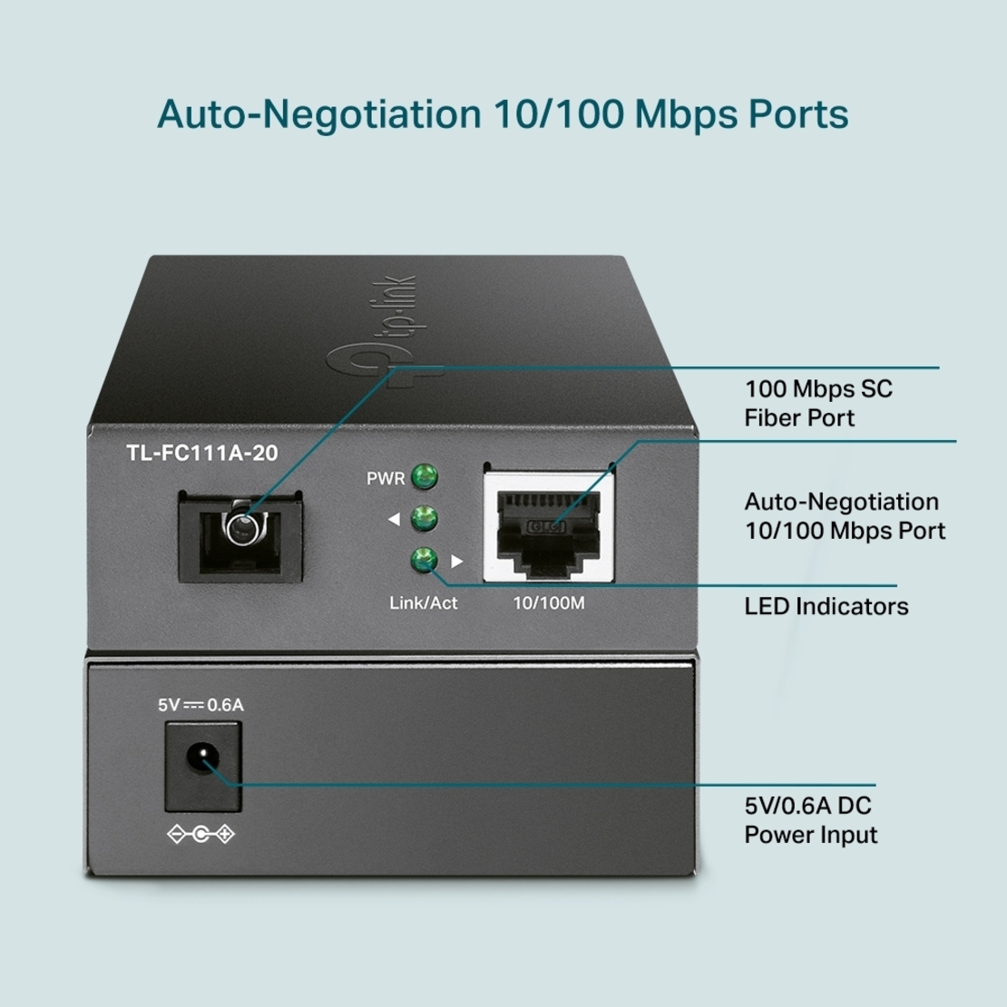 Медиен конвертор, 10/100 Mbps WDM 20км, SC конектор, Сингъл мод - Omada by TP-Link FC111A-20