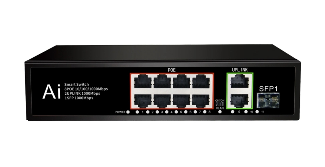 PoE Gigabit Суич 10/100/1000, 8 ports + 2 Uplink x 1000Mbit, +1 SFP, 20Gbps IEEE802.3af/at, 120W, 250m