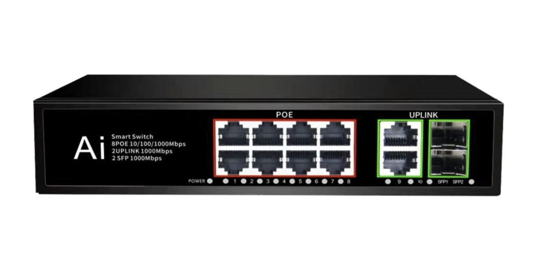 PoE Gigabit Суич 10/100/1000, 8 ports + 2 Uplink x 1000Mbit, +2 SFP, 20Gbps IEEE802.3af/at, 120W, 250m