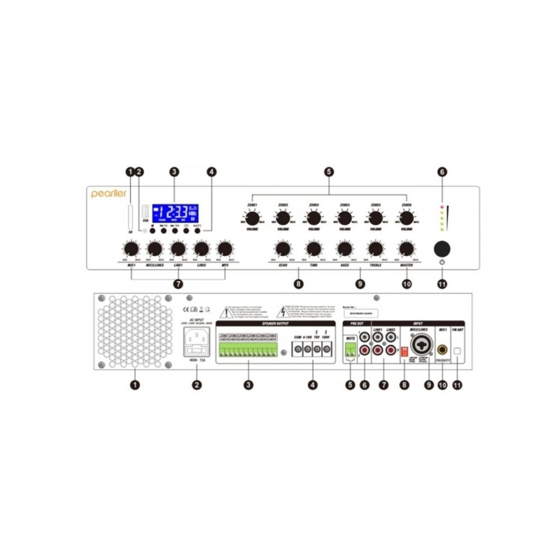 Инсталационен усилвател, 6 зони, изходна мощност: 250W / 100V - Pearller PAD-250W