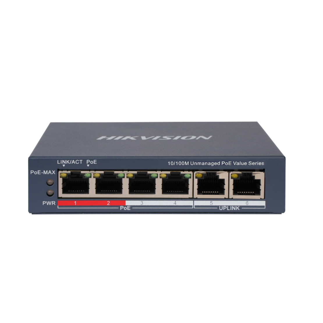 PoE Суич HikVision DS-3E0106P-E/M(B) 4+2 x 100Mb, 45W, L2, Unmanaged 802.3af/at