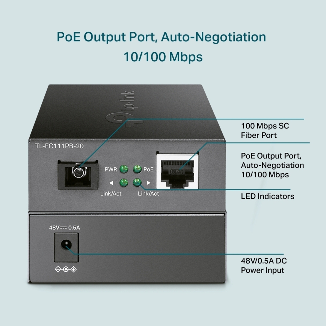 Медиен конвертор, 10/100 Mbps WDM 20км, 1 Poe порт, SC конектор, Сингъл мод - Omada by TP-Link FC111PB-20