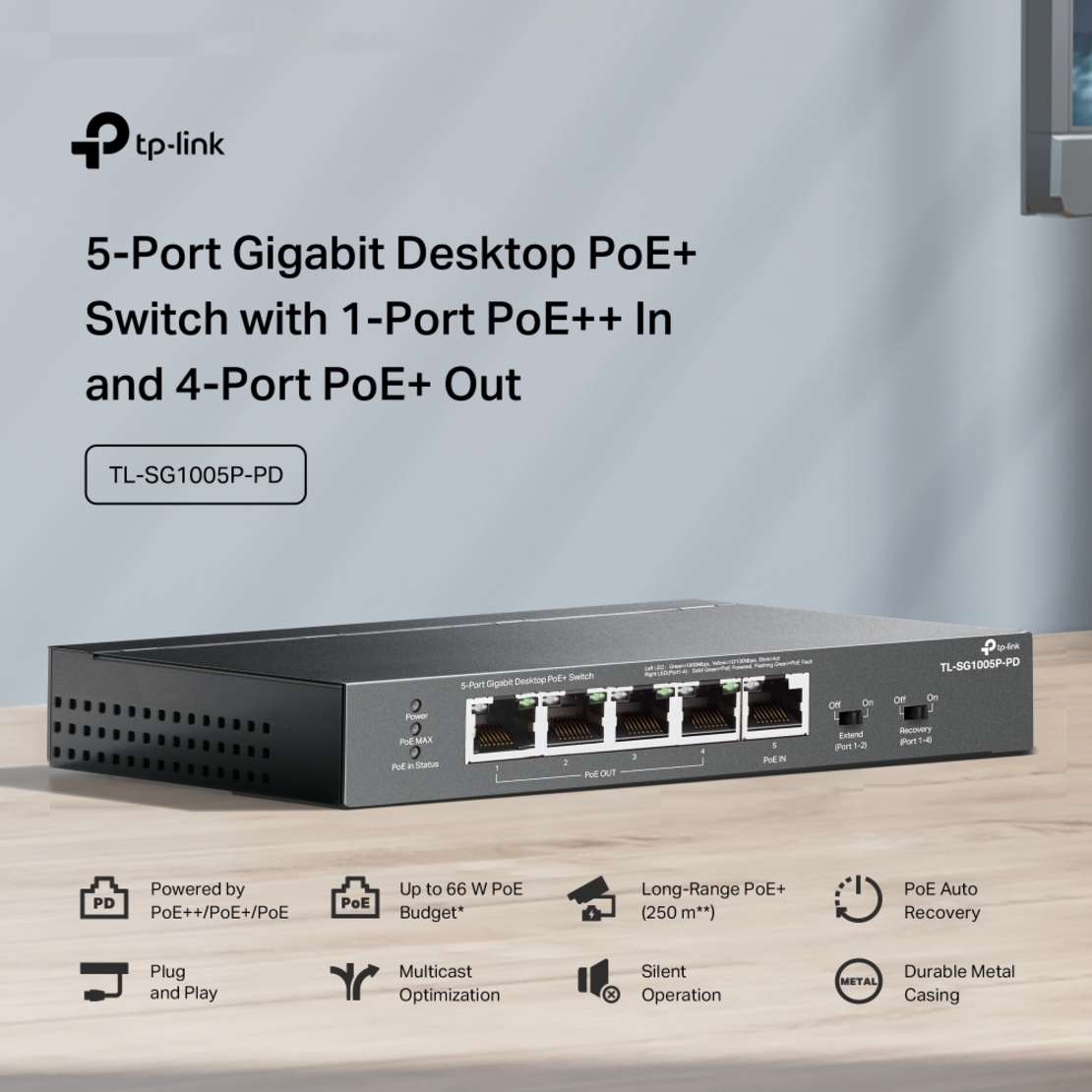 5-Port Gigabit Desktop PoE+ Switch with 1-Port PoE++ In and 4-Port PoE+Out - Omada by TP-Link SG1005P-PD