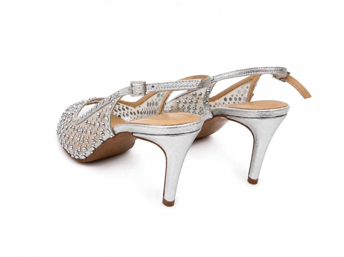 Women's elegant sandals /natural leather + textile /217-09/silver