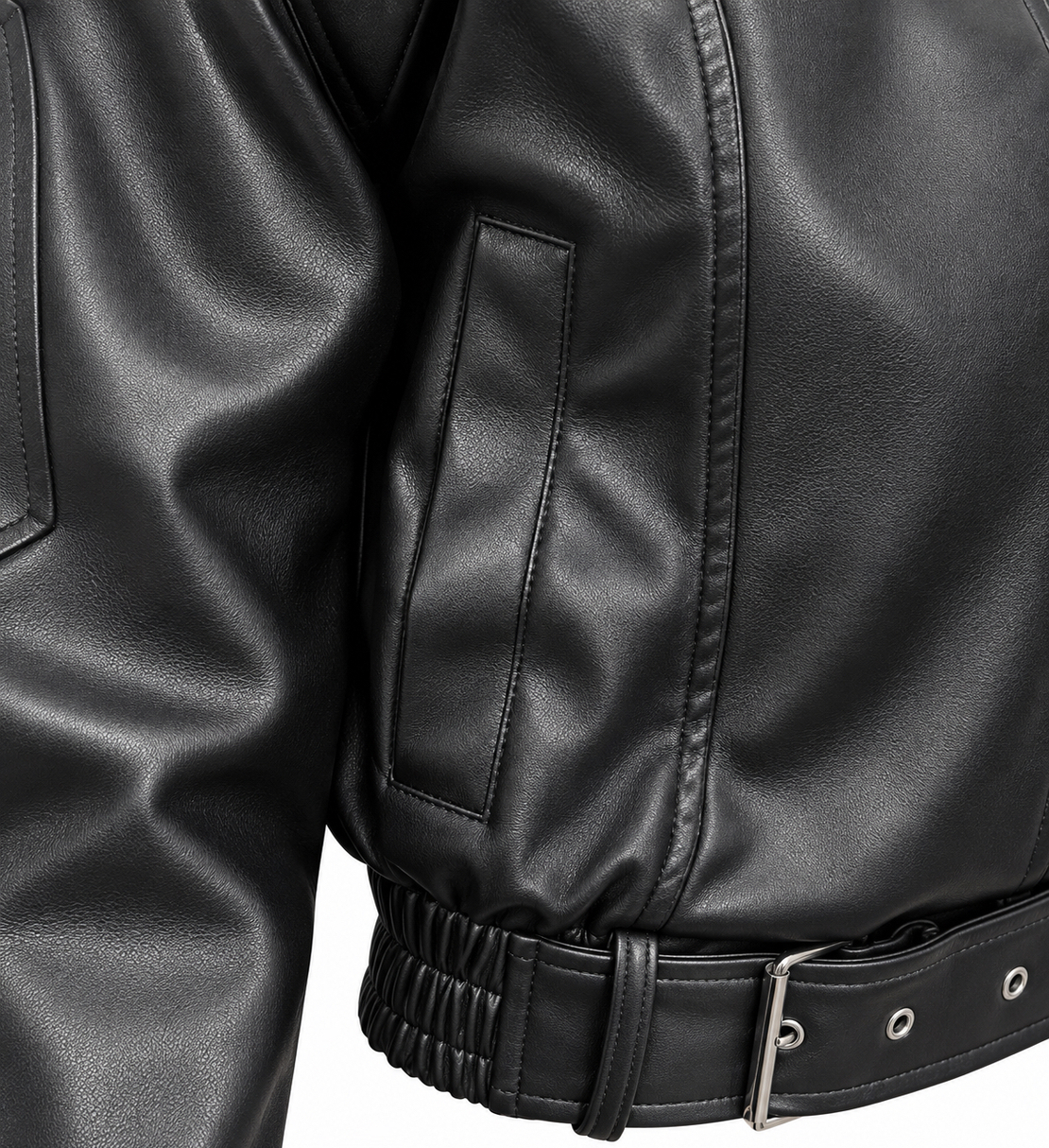 Women’s Faux Leather Belted Jacket with High Collar/2061/