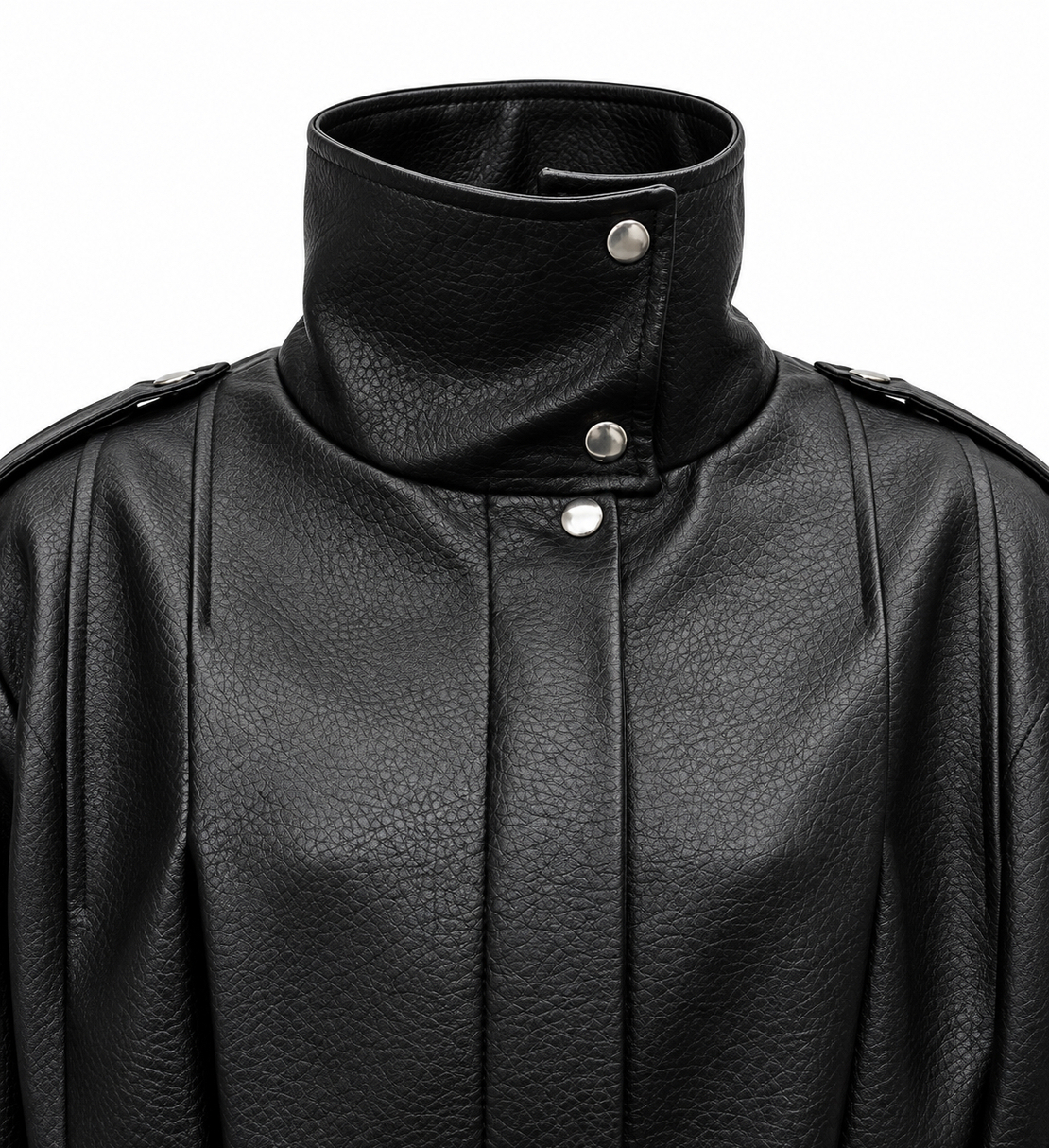 Black Faux Leather Jacket with High Collar/2838/