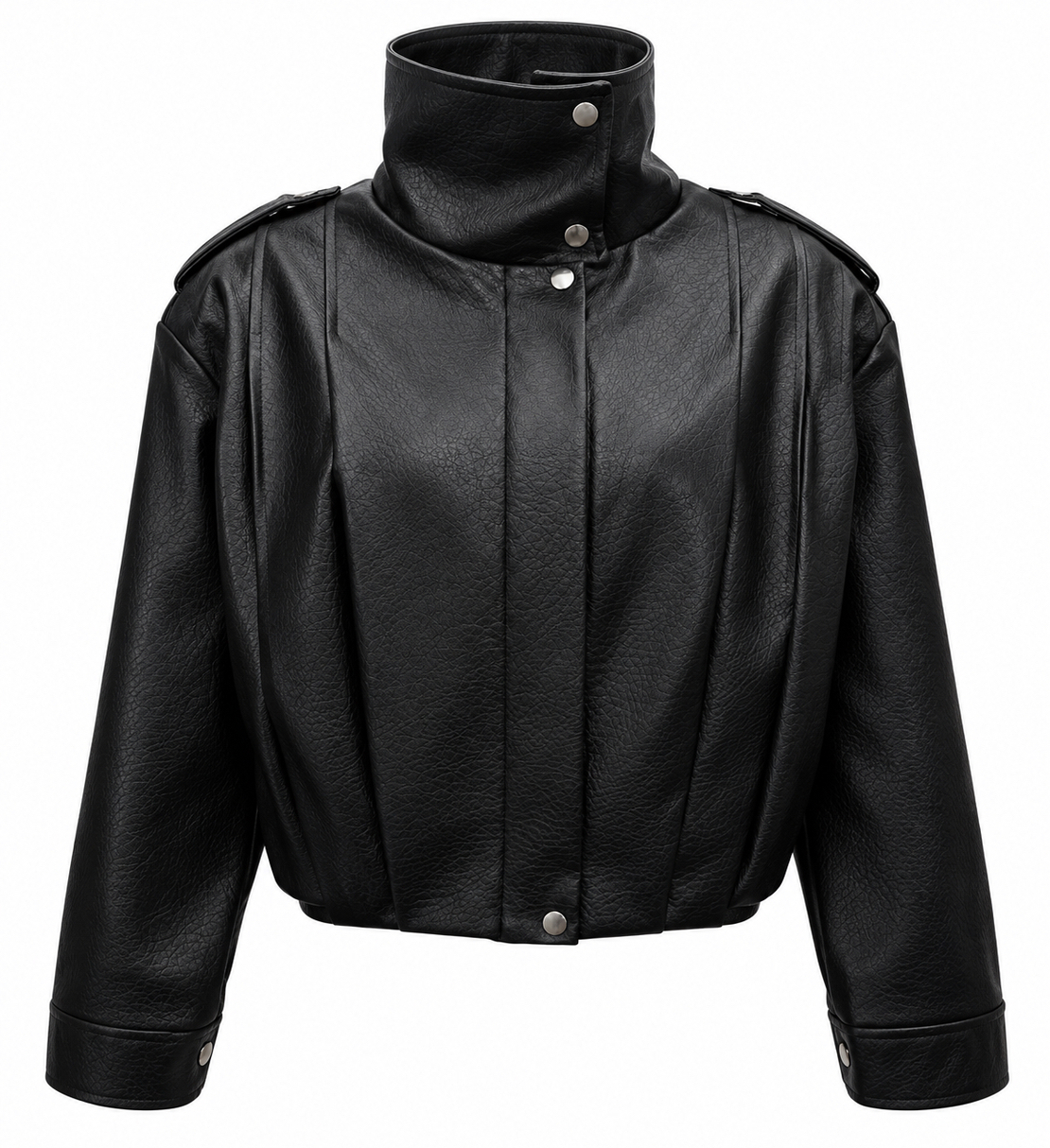 Black Faux Leather Jacket with High Collar/2838/