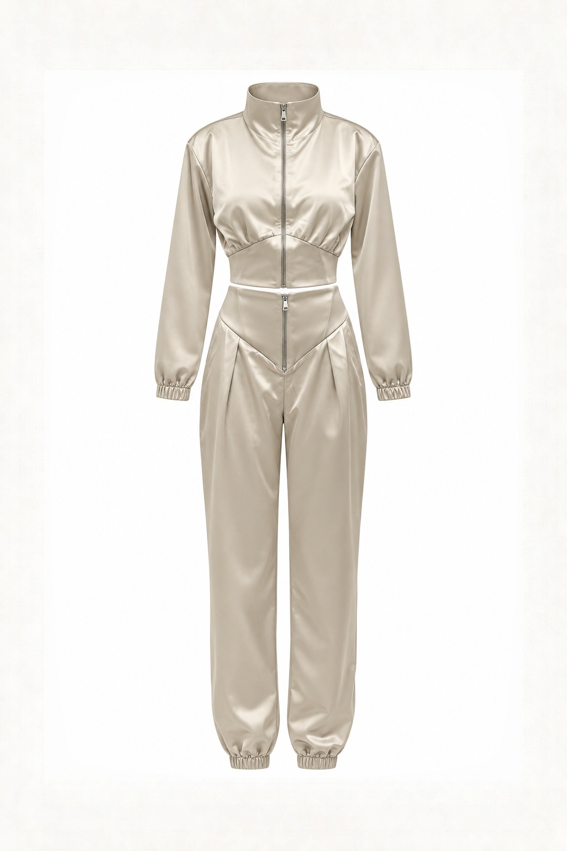 Satin Sporty-Elegant Two-Piece Set in Ecru/2183/
