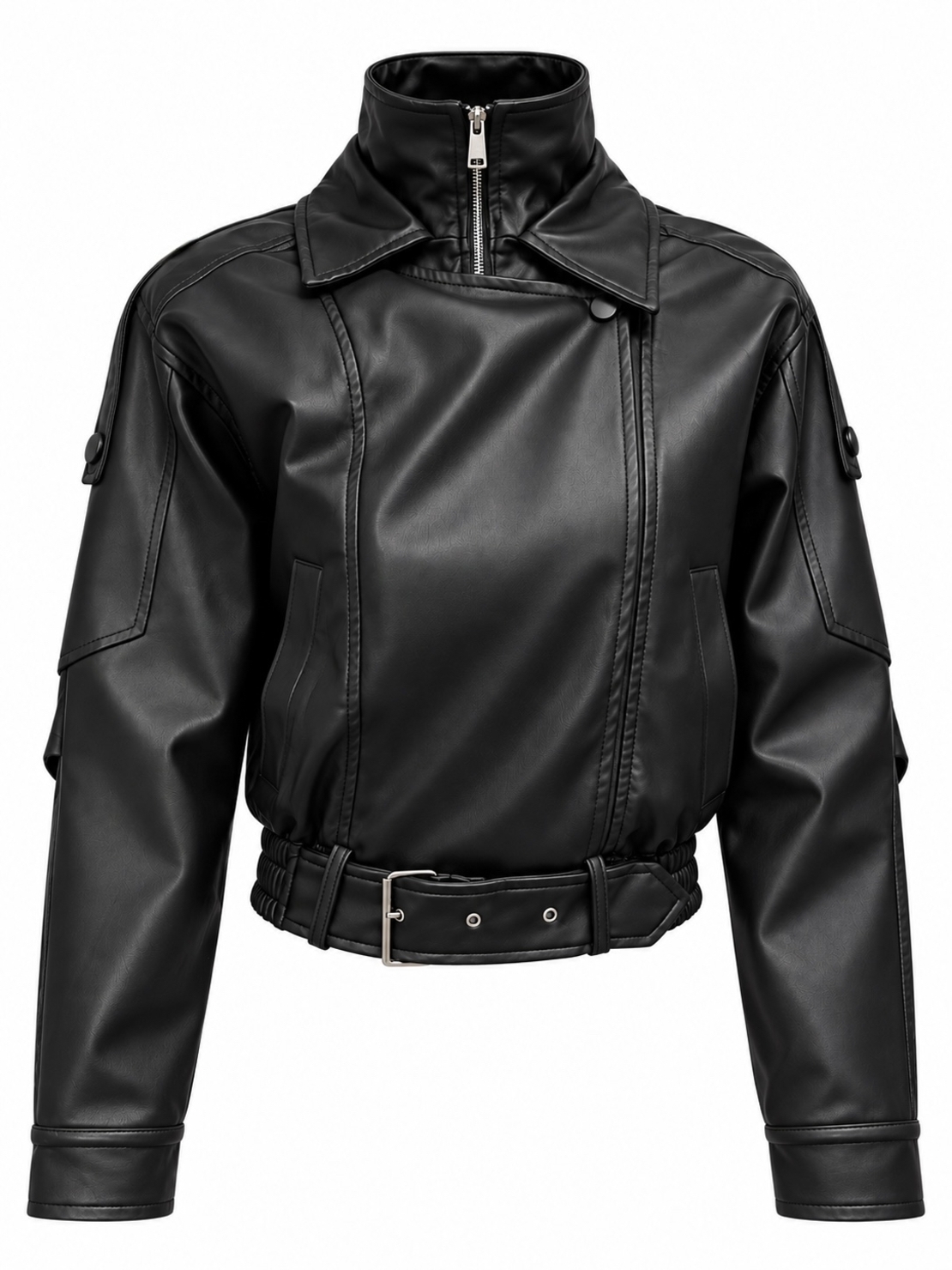 Women’s Faux Leather Belted Jacket with High Collar/2061/
