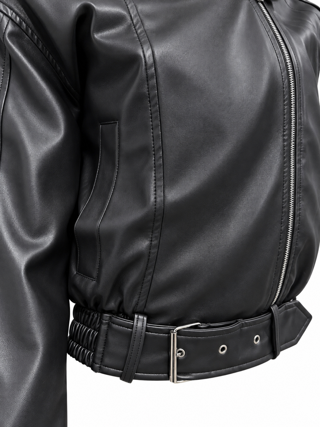 Women’s Faux Leather Belted Jacket with High Collar/2061/