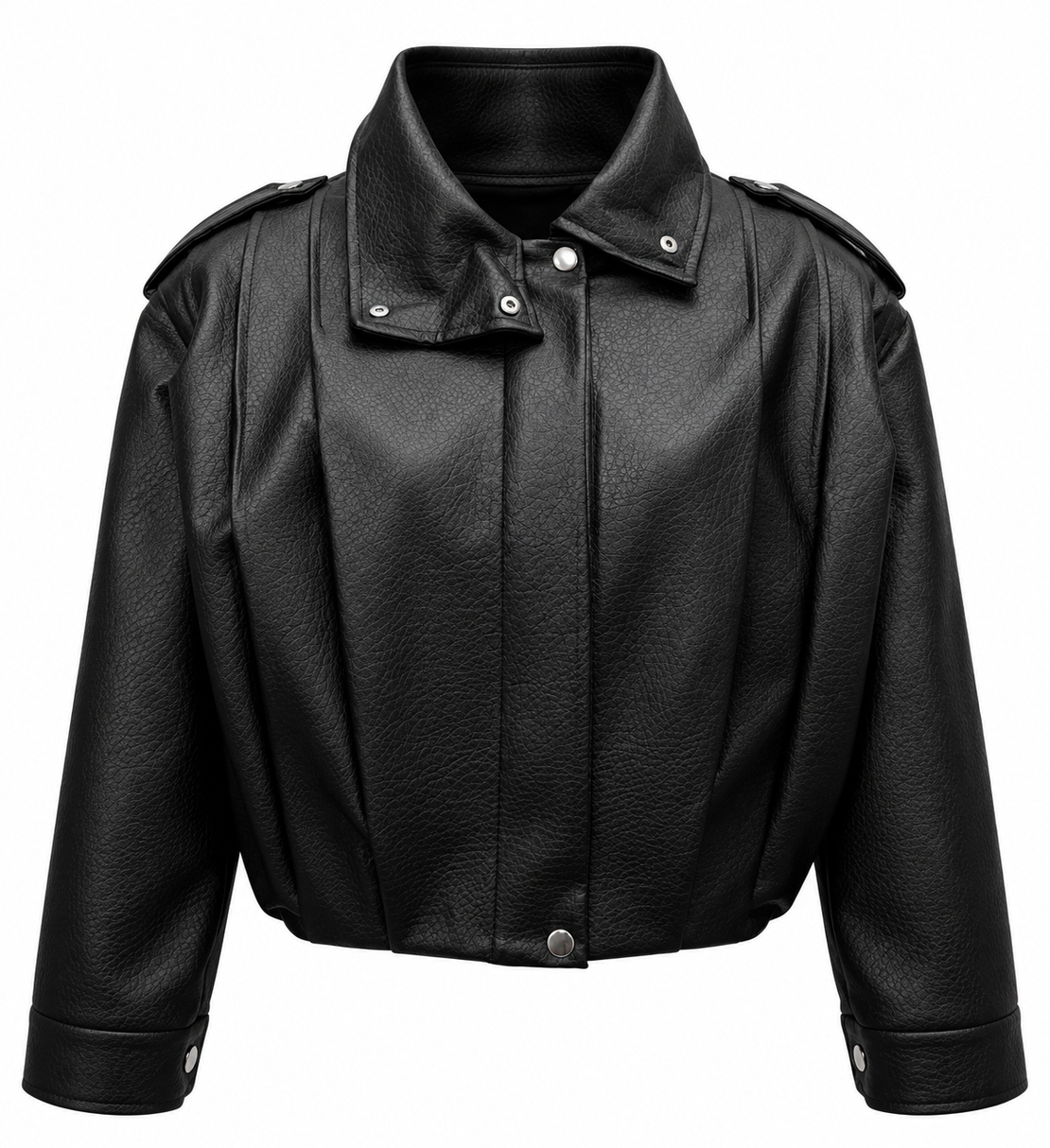 Black Faux Leather Jacket with High Collar/2838/