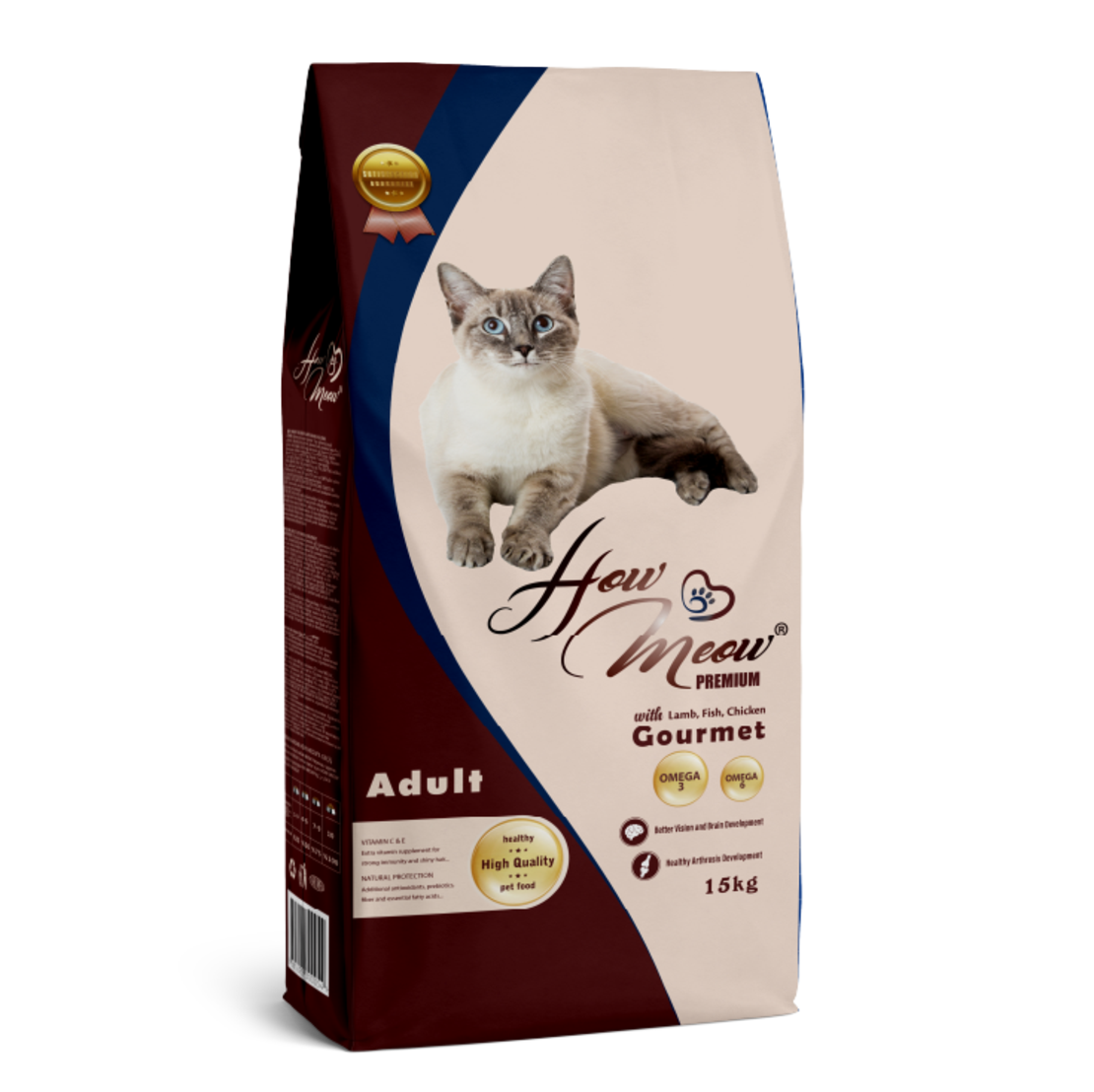 How Meow Premium Adult Cat Food Гурме с Агне, Пиле и Риба  – 15 кг.