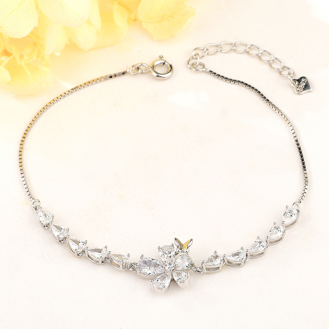 FLOWER AND BUTTERFLY SILVER  BRACELET WITH RHODIUM AND CRYSTALS