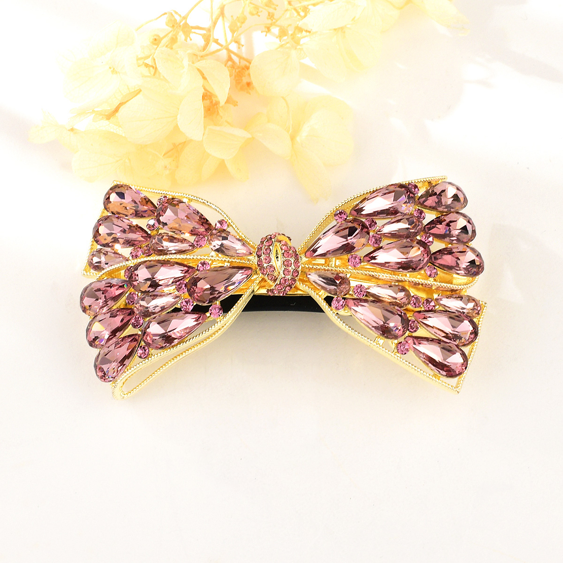 PINK RIBBON HAIR CLIP YELLOW GOLD PLATING