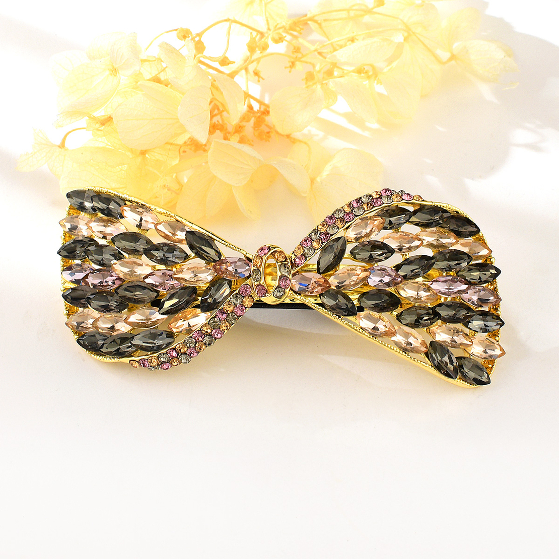 RIBBON WITH COLORFUL CRYSTALS HAIR CLIP YELLOW GOLD PLATING