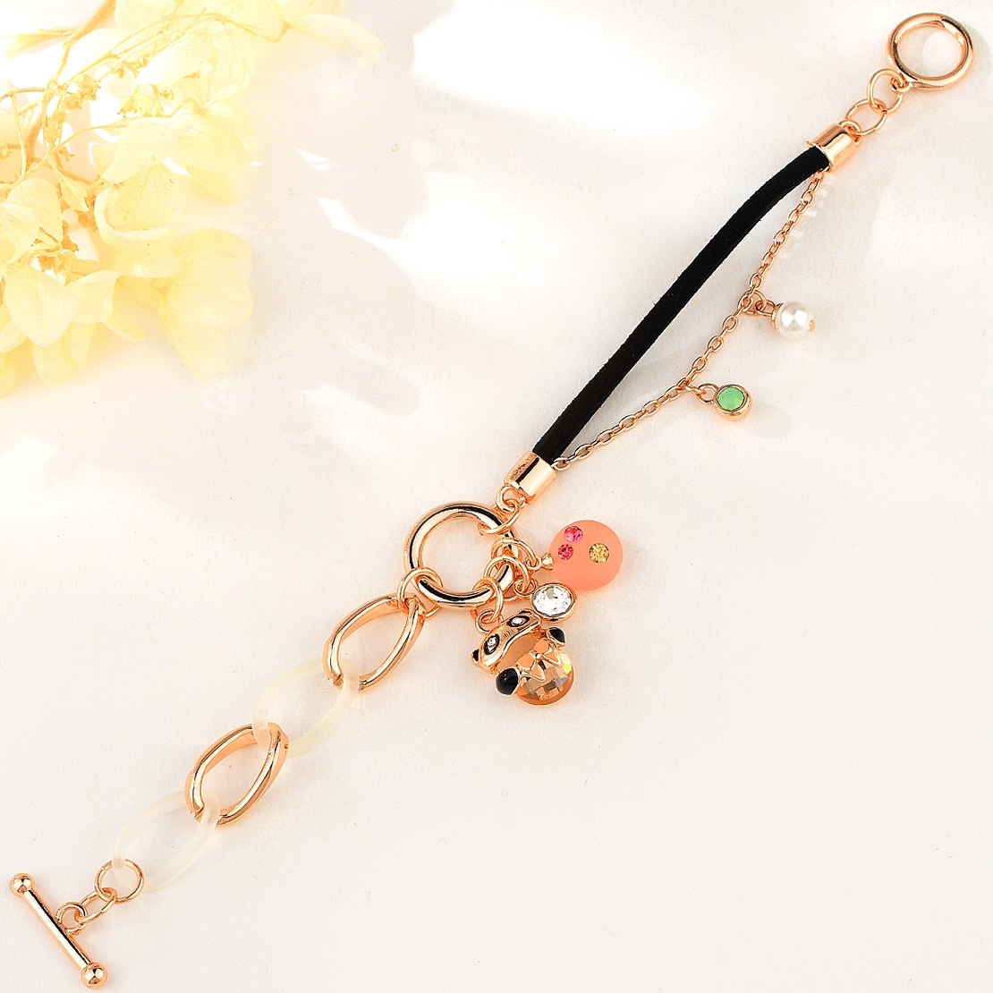 PANDA ROSE GOLD PLATED BRACELET BLACK TEXTILE