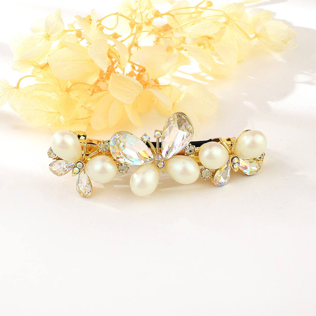 BUTTERFLY HAIR CLIP YELLOW GOLD PLATING WITH PEARLS