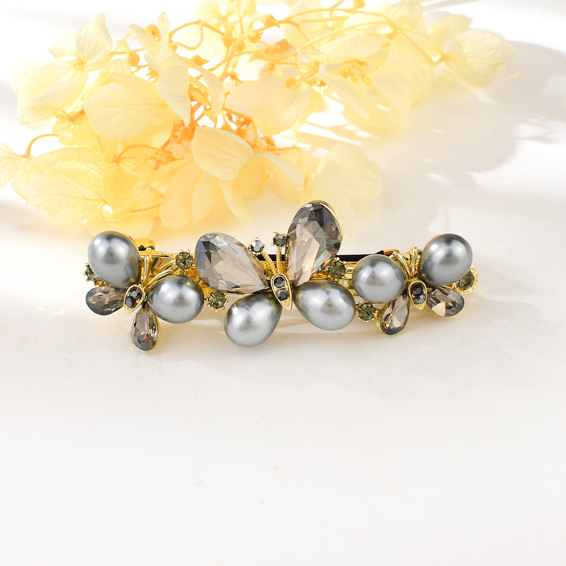 GRAY BUTTERFLY HAIR CLIP YELLOW GOLD PLATING WITH PEARLS