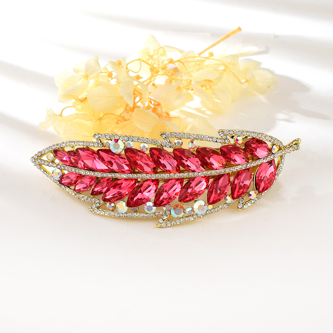 PINK LEAF HAIR CLIP YELLOW GOLD PLATING