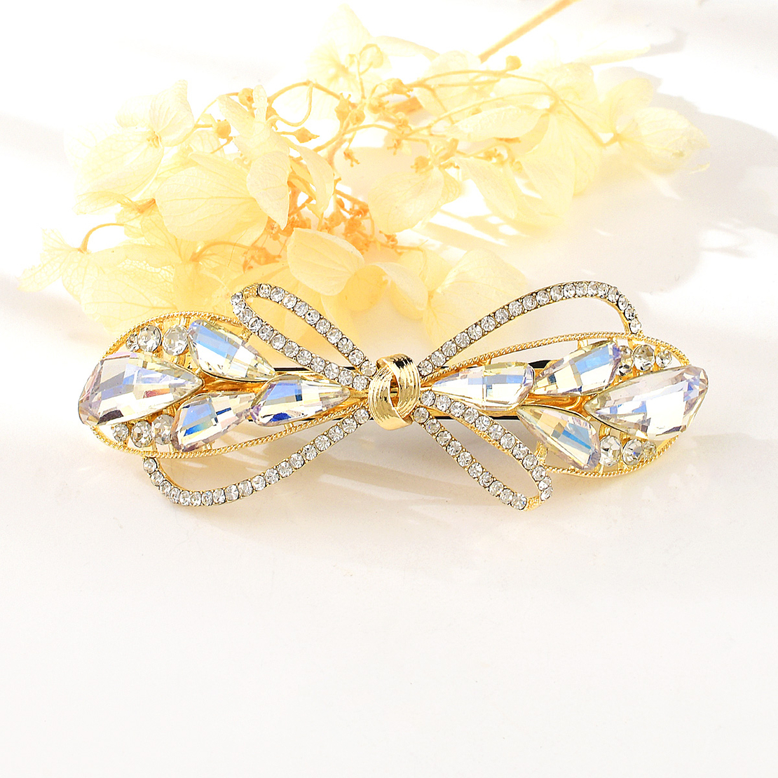 CRYSTAL RIBBON HAIR CLIP YELLOW GOLD PLATING