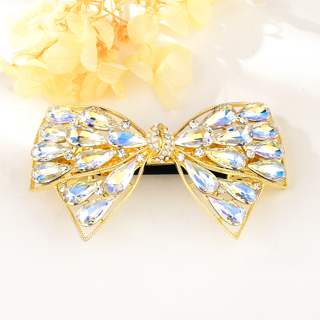 RIBBON WITH CRYSTAL DROPS HAIR CLIP YELLOW GOLD PLATING