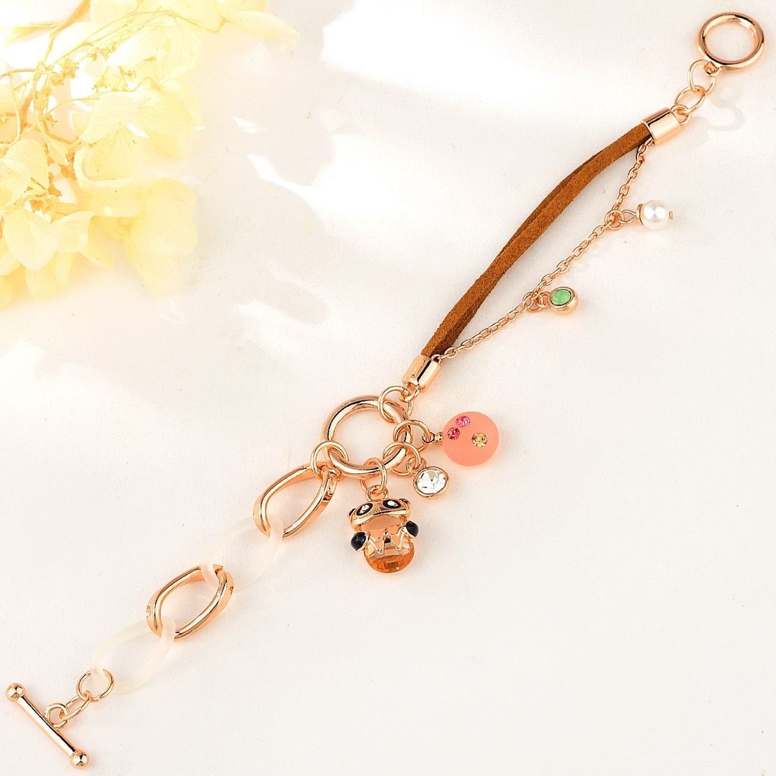 PANDA ROSE GOLD PLATED BRACELET BROWN TEXTILE