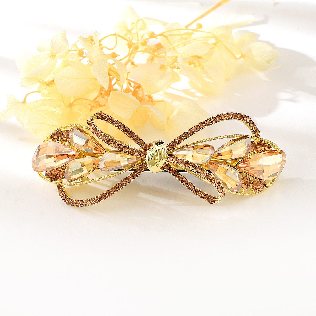 CRYSTAL RIBBON HAIR CLIP YELLOW GOLD PLATING