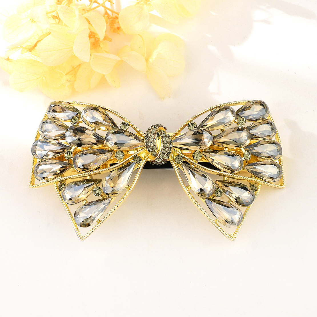 RIBBON WITH SHINY CRYSTALS HAIR CLIP YELLOW GOLD PLATING