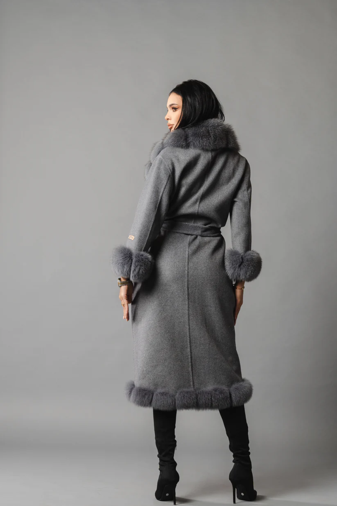 Palton din lana de alpaca cu blana naturala de vulpe GREY