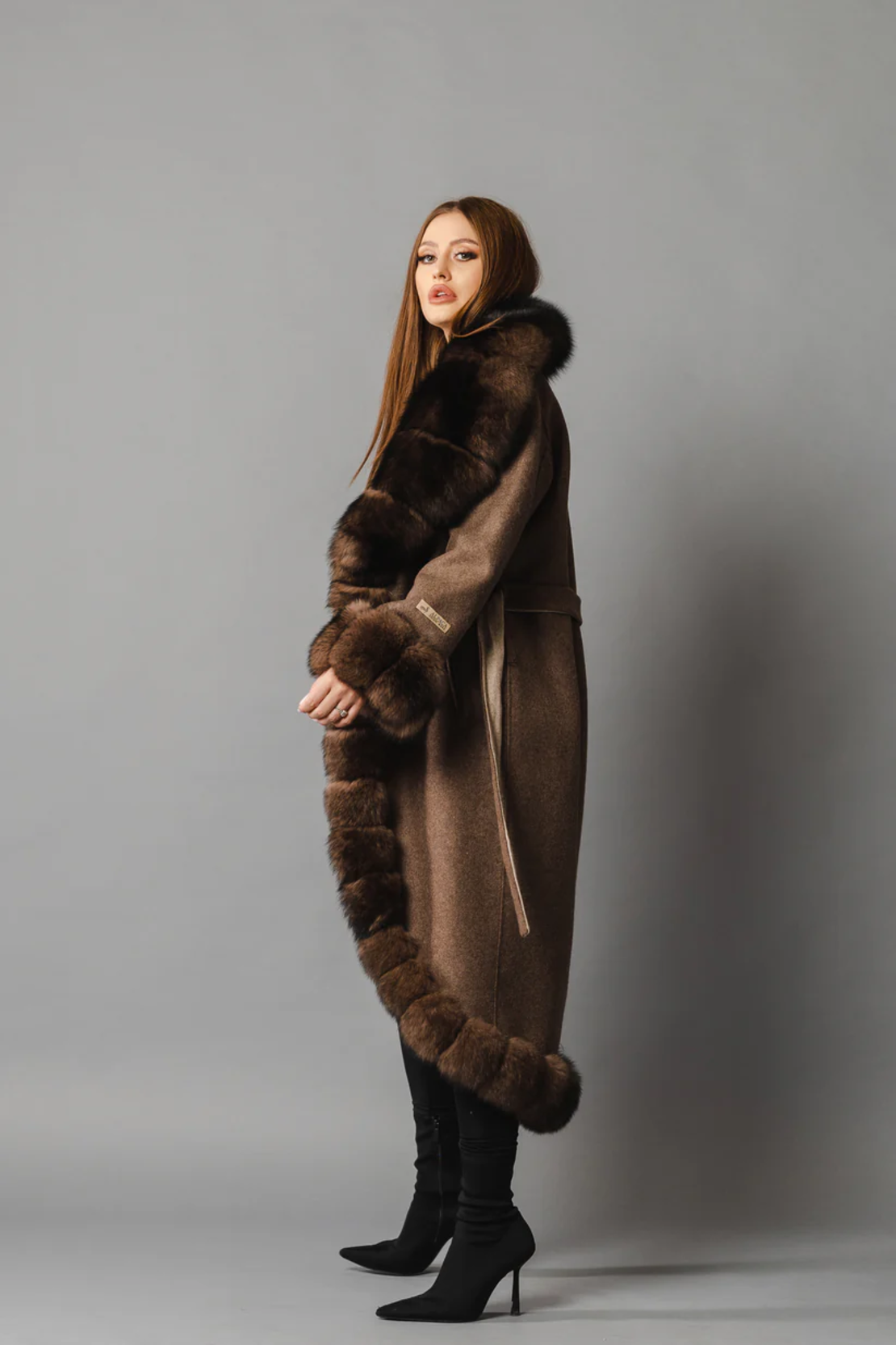 Palton din lana de alpaca cu blana naturala de vulpe BROWN