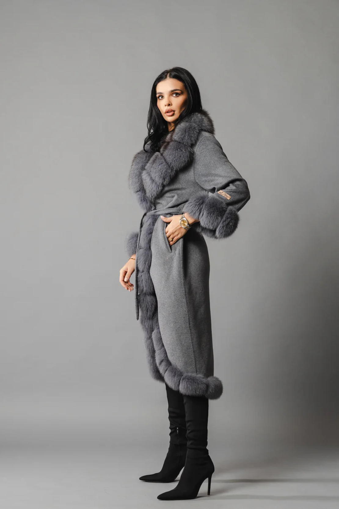 Palton din lana de alpaca cu blana naturala de vulpe GREY