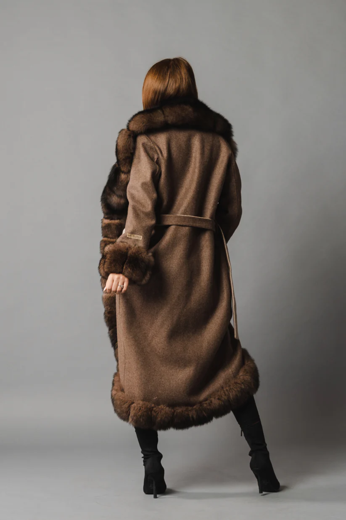 Palton din lana de alpaca cu blana naturala de vulpe GREY