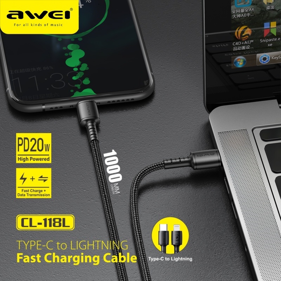 Cablu de încărcare și date - Type-C la Lightning - CL -118L - 20W - AWEI - 887950