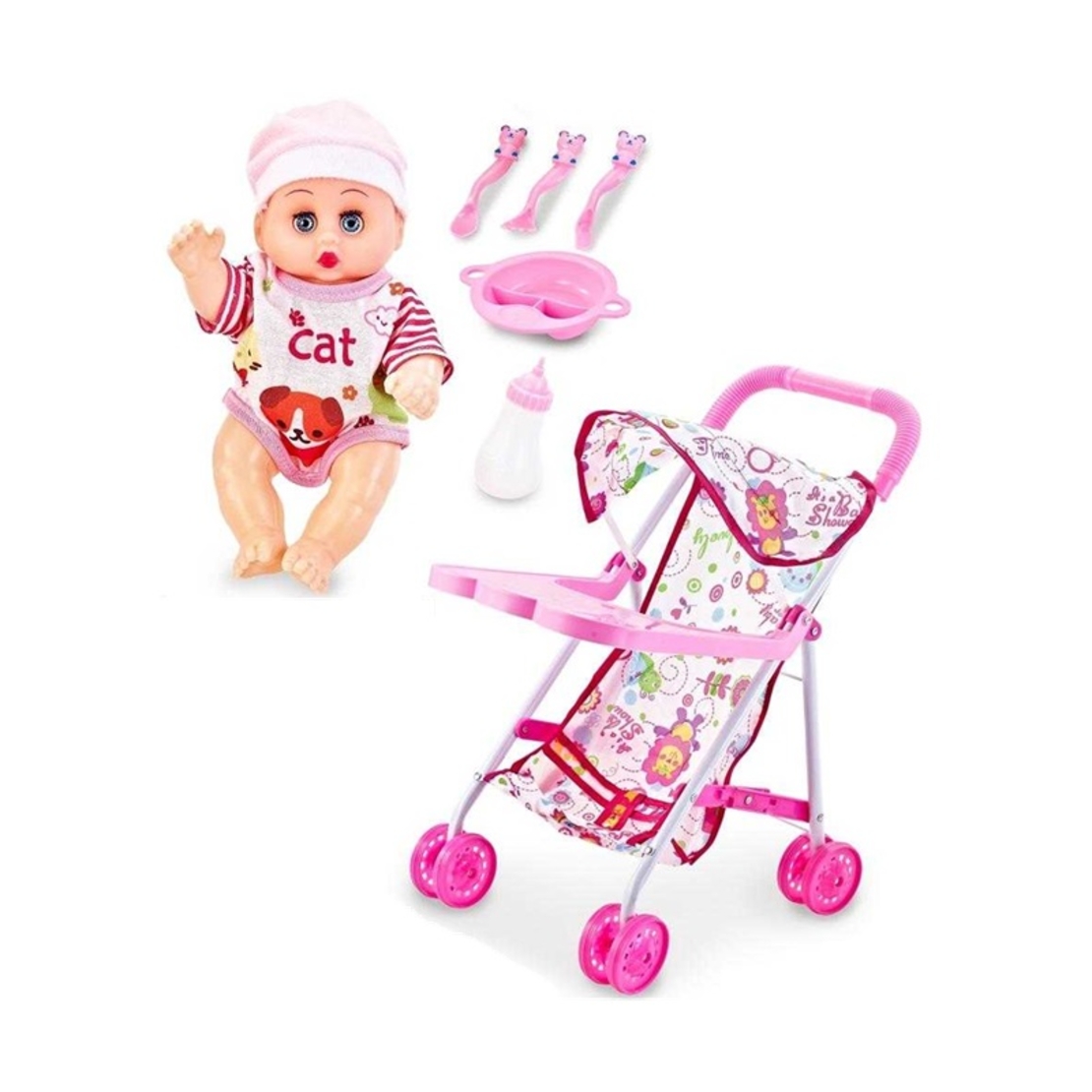 Set - Bebeluş cu cărucior şi accesorii de hrănire - 6632F-2C - 307139