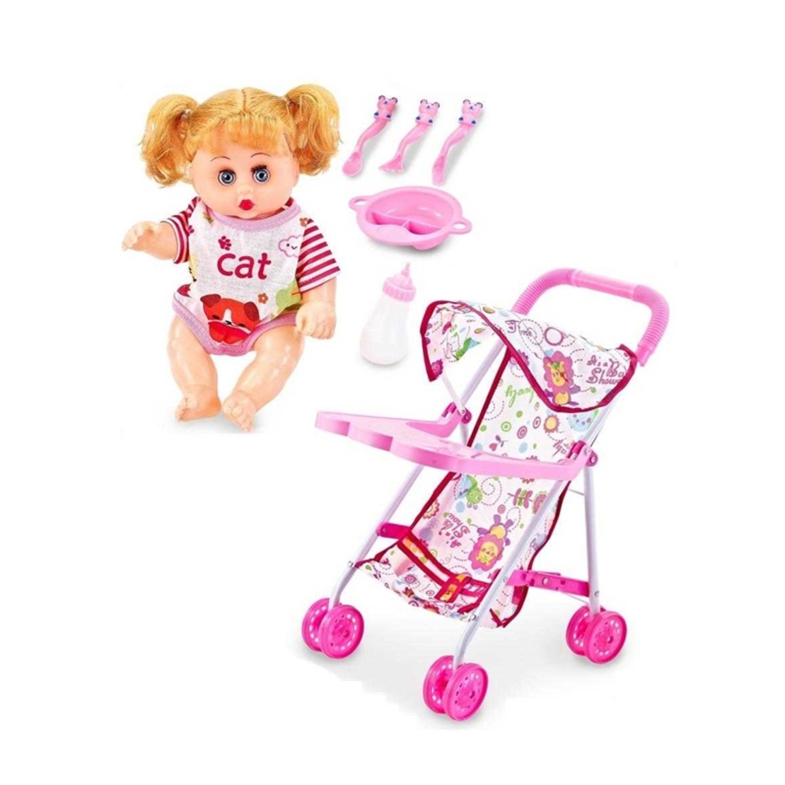 Set - Papusa cu carucior si accesorii de hranire - 6632F-1C - 307138