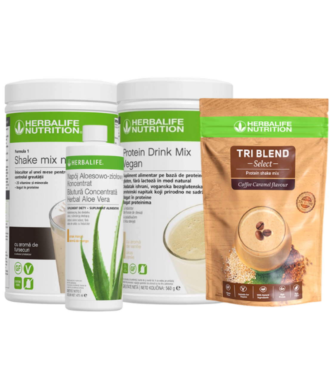 Pachet Vegan de Nutriție Premium – PDM Vegan Vanilla, Shake F1 (aromă la alegere), Aloe Mango & Tri Blend Select Coffee Caramel