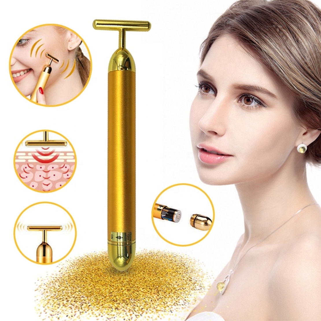 Aparat Masaj Facial Profesional, Neo™ Beauty Energy T Shape Bar, 24K Gold, Efect de Lifting Facial si Revitalizare a Tenului, Anti-Rid