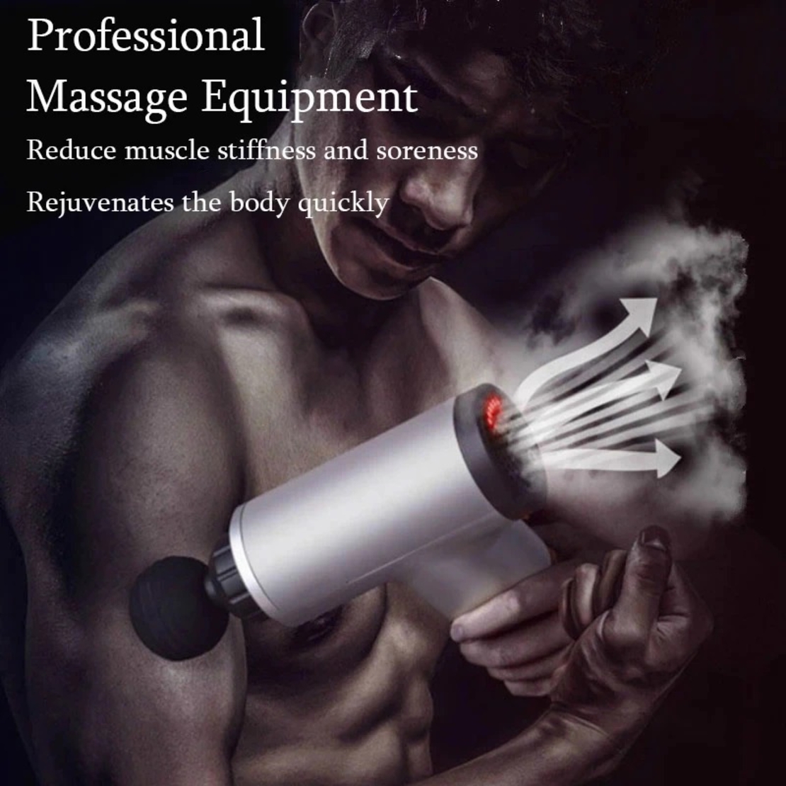 Aparat de Masaj Profesional, cu 4 capete interschimbabile si 6 trepte de intensitate, Neo™ Professional Gun®, pentru dureri musculare, reumatice, anticelulitic, Gri