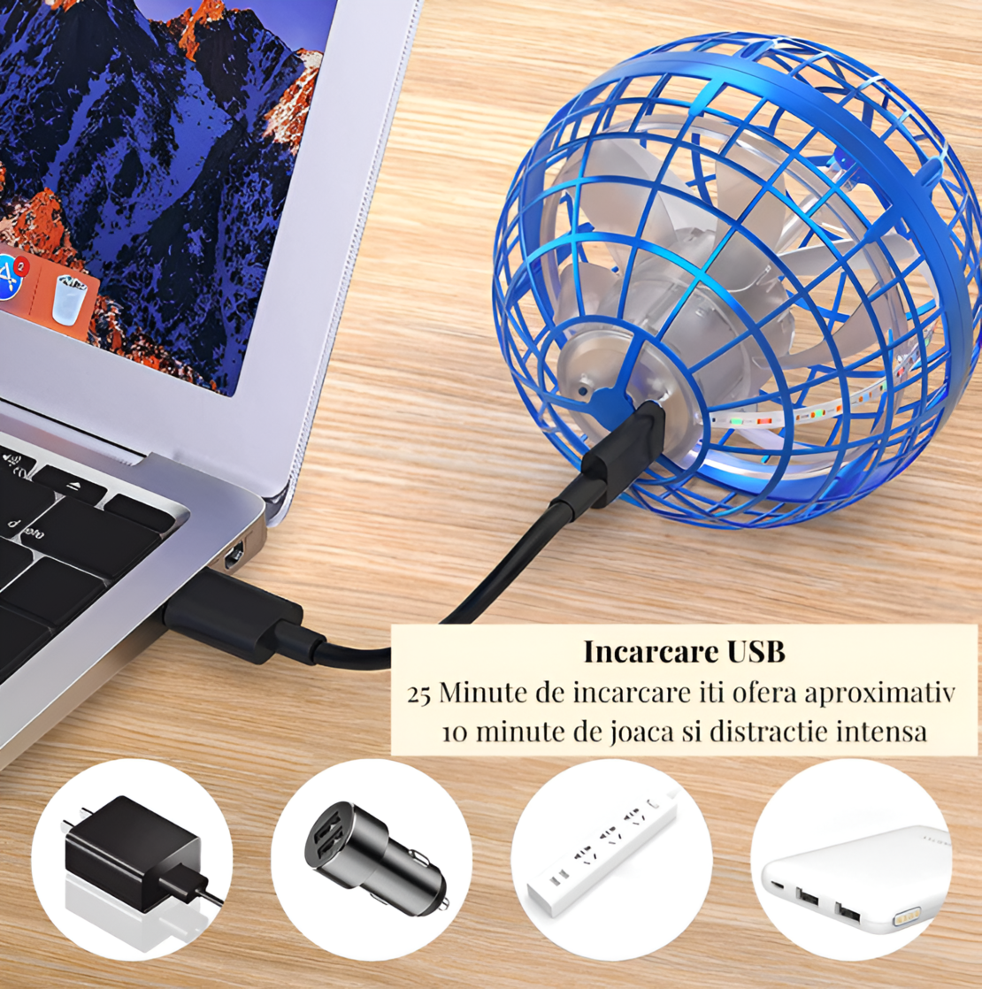 Mini-Drona Interactiva Tip Minge OZN, Boomerang Controlabil Manual, Albastru, Neo™