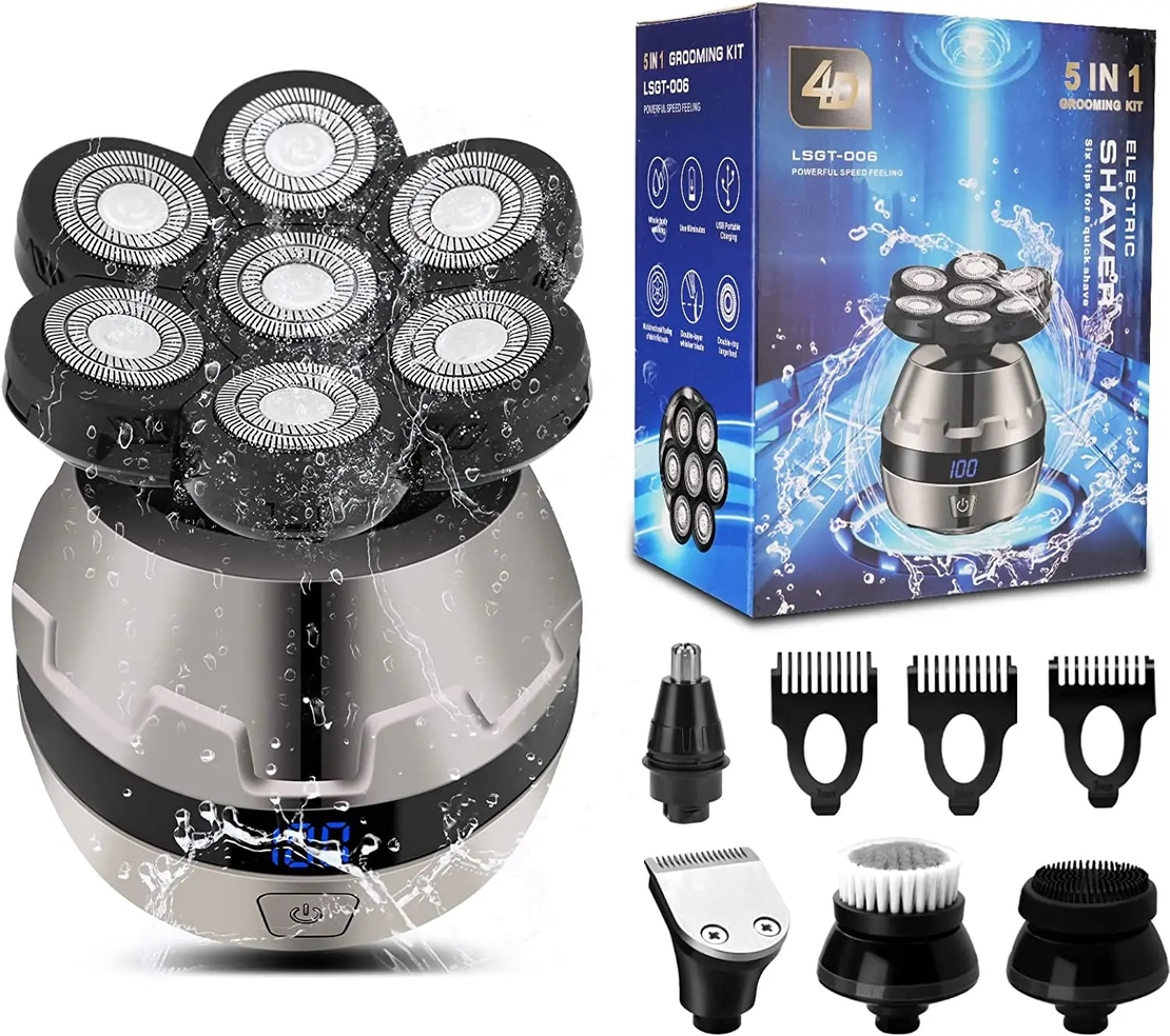 Aparat de ras electric 4D, Neo™ 7 Blade Samurai®, multifunctional, fara fir, incarcare USB, 100% rezistent la apa, 6 lame independente, usor de curatat, sistem 6 in 1, Silver