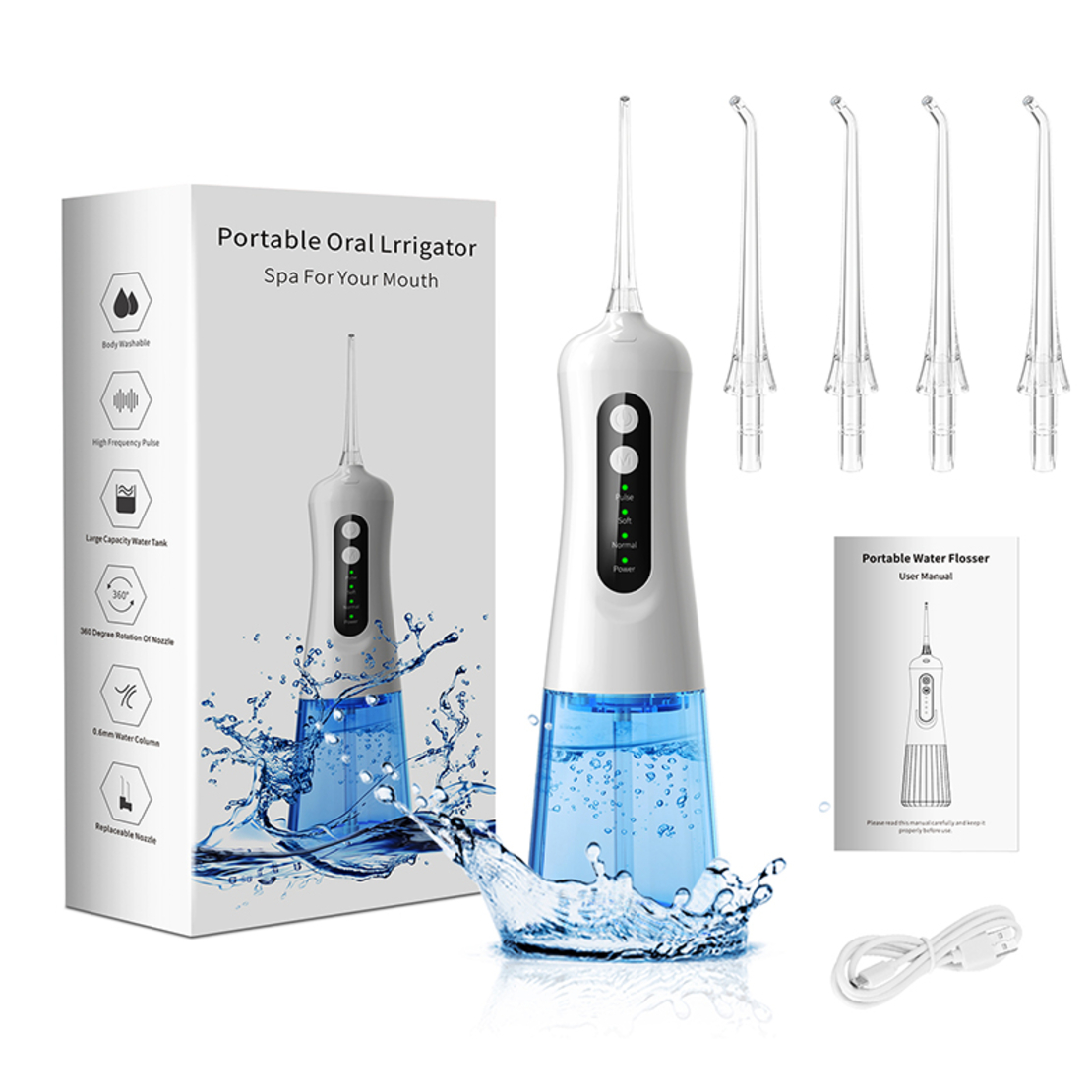 Irigator bucal si oral profesional Neo™ M208®, 140 PSI, portabil, 4 moduri de lucru, acumulator 1400mAh, multiple duze incluse, 300 ml, alb