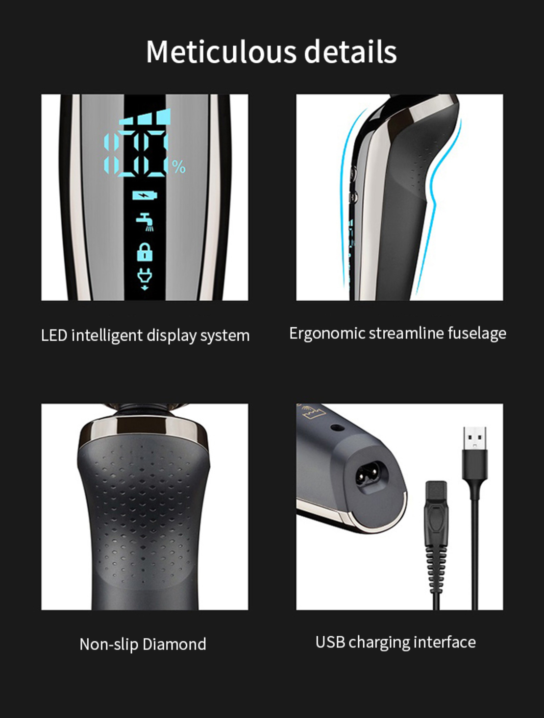 Aparat de ras electric 7 Capete, cu maner lung, Neo™ Blade 3D Samurai®, functie de trimmer, multifunctional, fara fir, incarcare USB, rezistent la apa, 3 lame independente, usor de curatat, sistem 7 in 1, Black-Silver