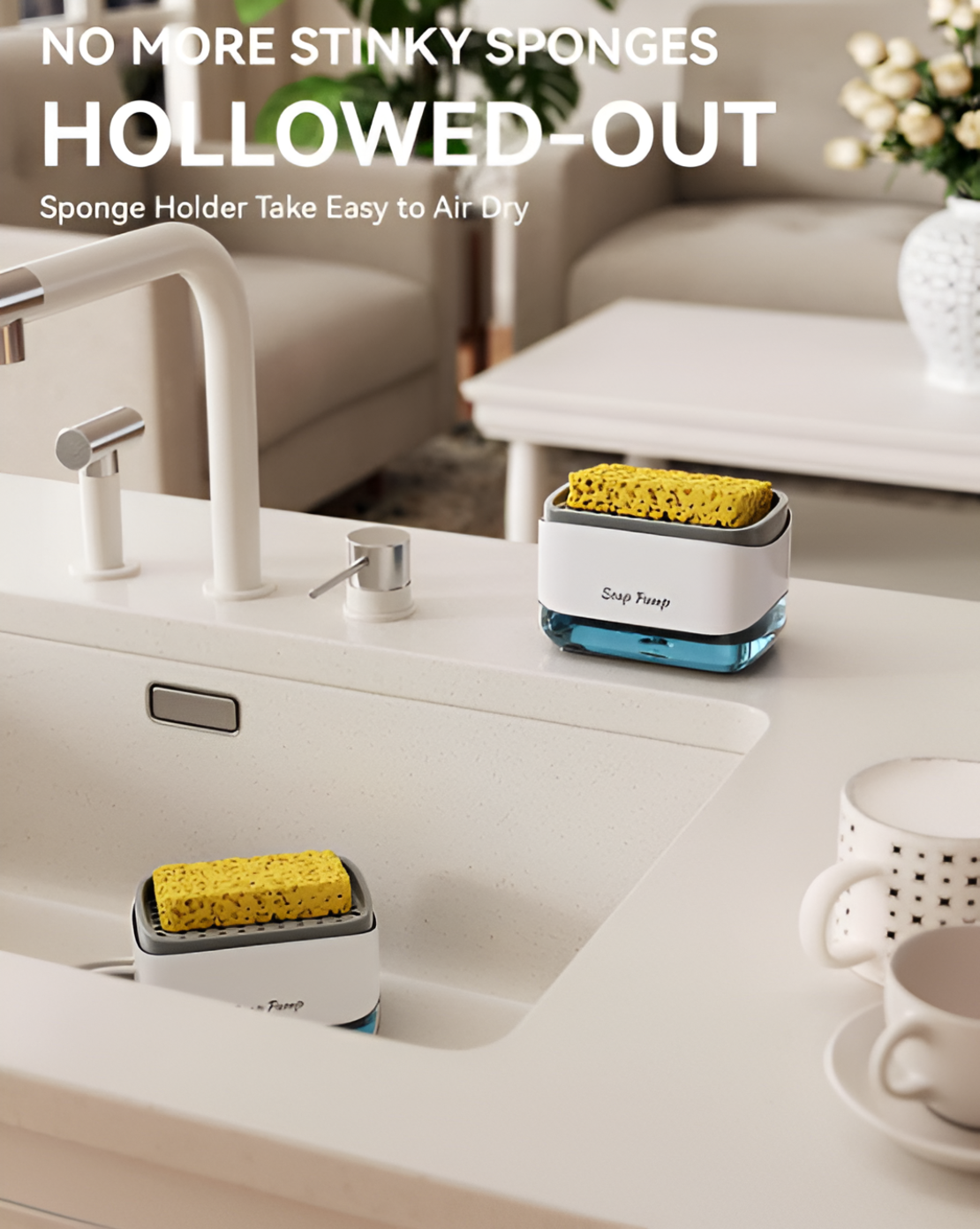 Dispenser Detergent de Vase 2 in 1, Suport de Burete, 350ml, Alb, Compact, Neo™