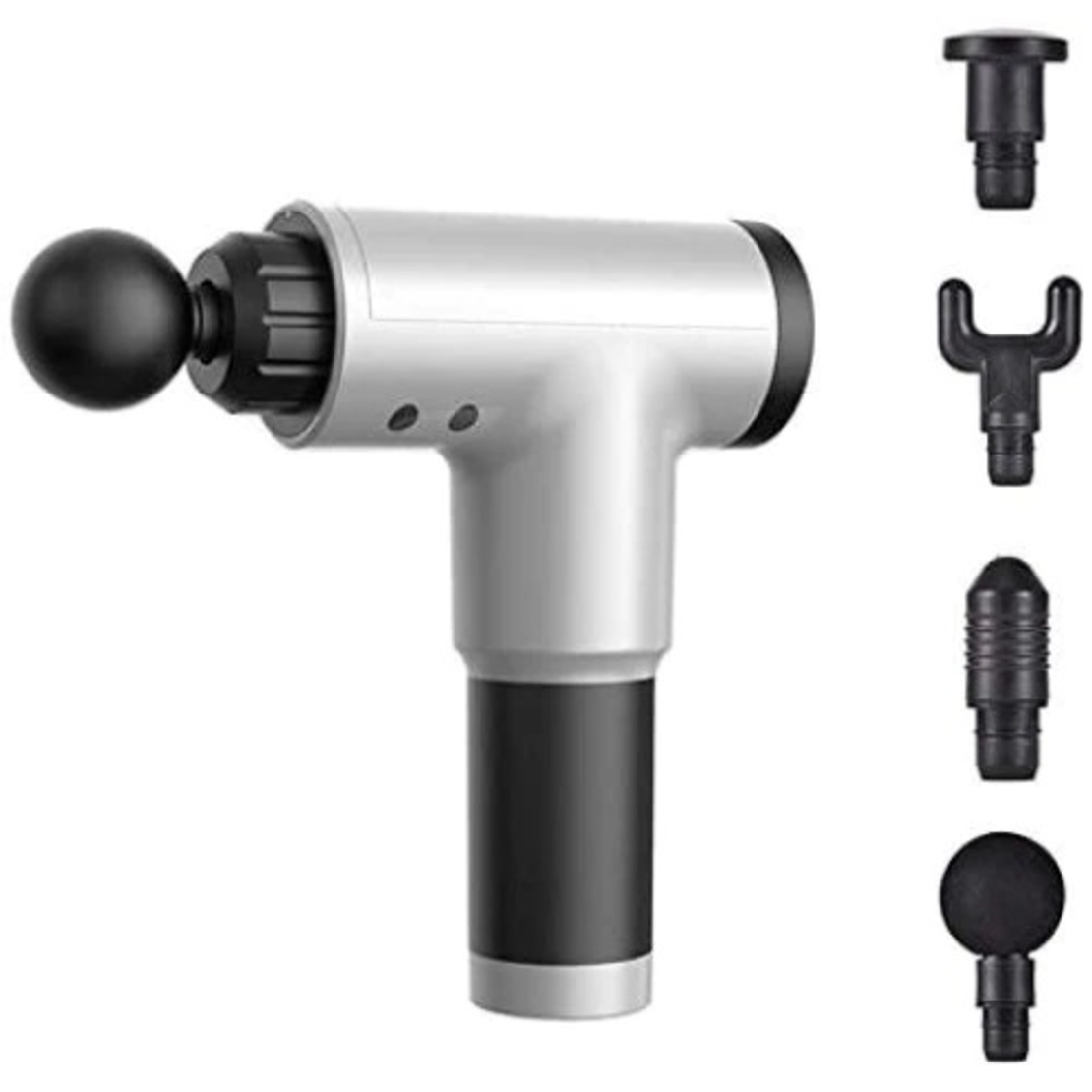 Aparat de Masaj Profesional, cu 4 capete interschimbabile si 6 trepte de intensitate, Neo™ Professional Gun®, pentru dureri musculare, reumatice, anticelulitic, Gri