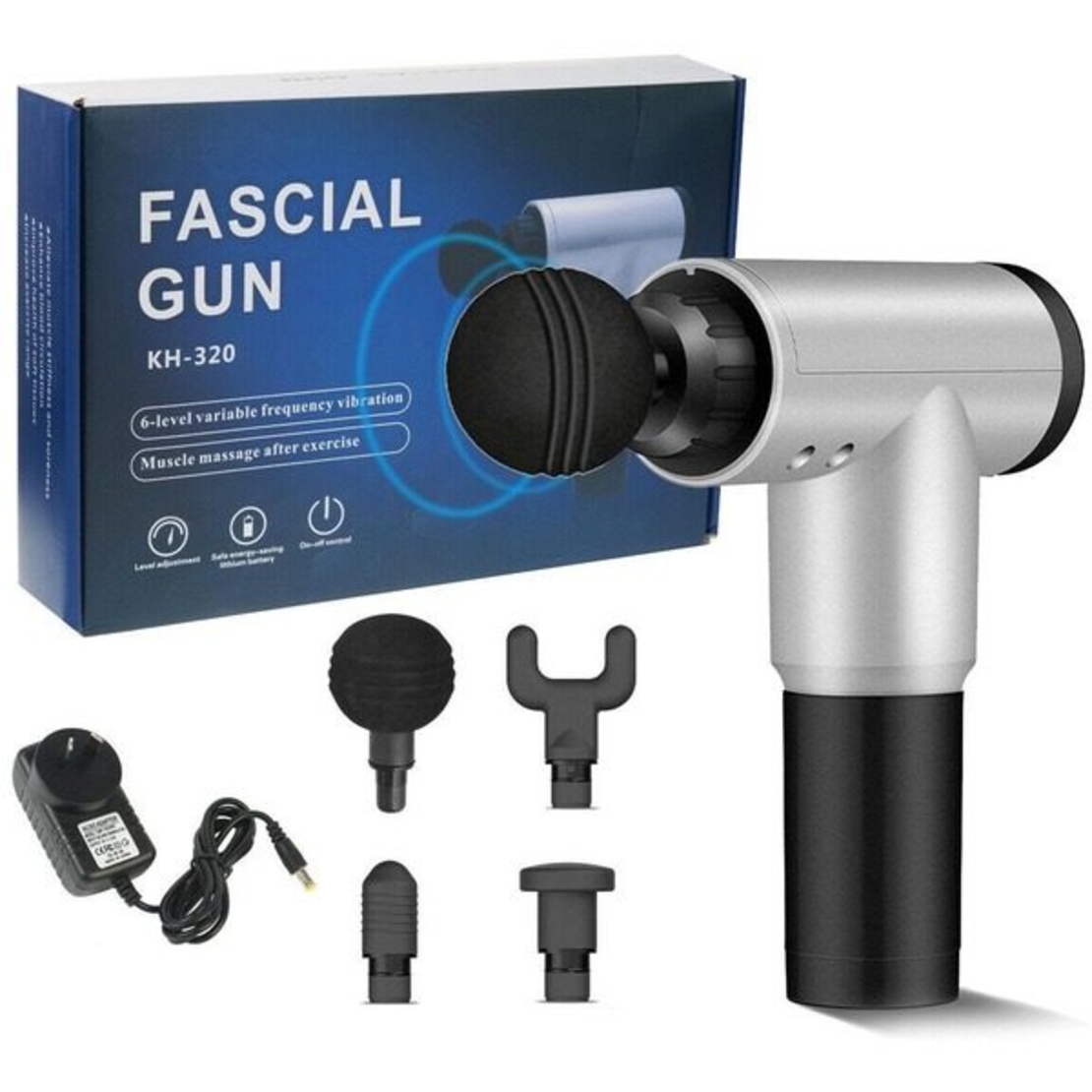 Aparat de Masaj Profesional, cu 4 capete interschimbabile si 6 trepte de intensitate, Neo™ Professional Gun®, pentru dureri musculare, reumatice, anticelulitic, Gri