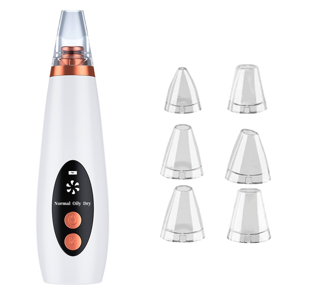 Aparat indepartat puncte negre, Neo™ Premium, cu vacuum, 3 Puteri ajustabile, 6 capete, Ingrijire faciala, Curatare faciala, Acnee, Incarcare USB, Alb