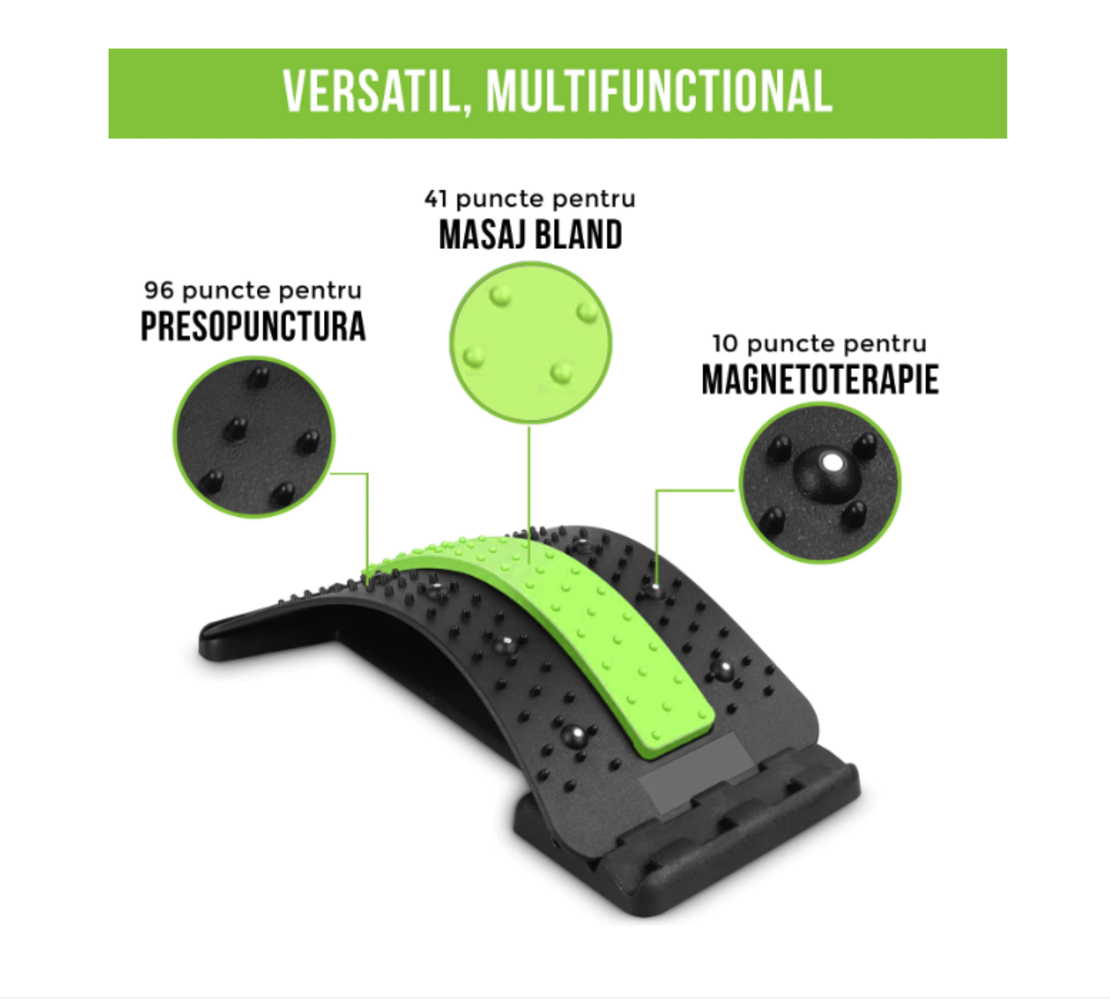 Dispozitiv Ortopedic NEO™ 3in1, pentru Suportul, Intinderea, Masajul si Relaxarea Zonei Lombare, Verde