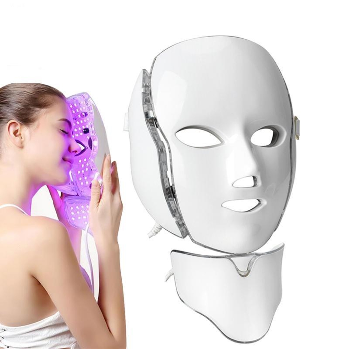 Masca LED Cosmetica Tratament Fotoni Fata si Gat, Neo™ Beauty, Anti-imbatranire, Anti-Acnee, Functie de Lifting, 7 Culori LED, Tratament non invaziv, Alba