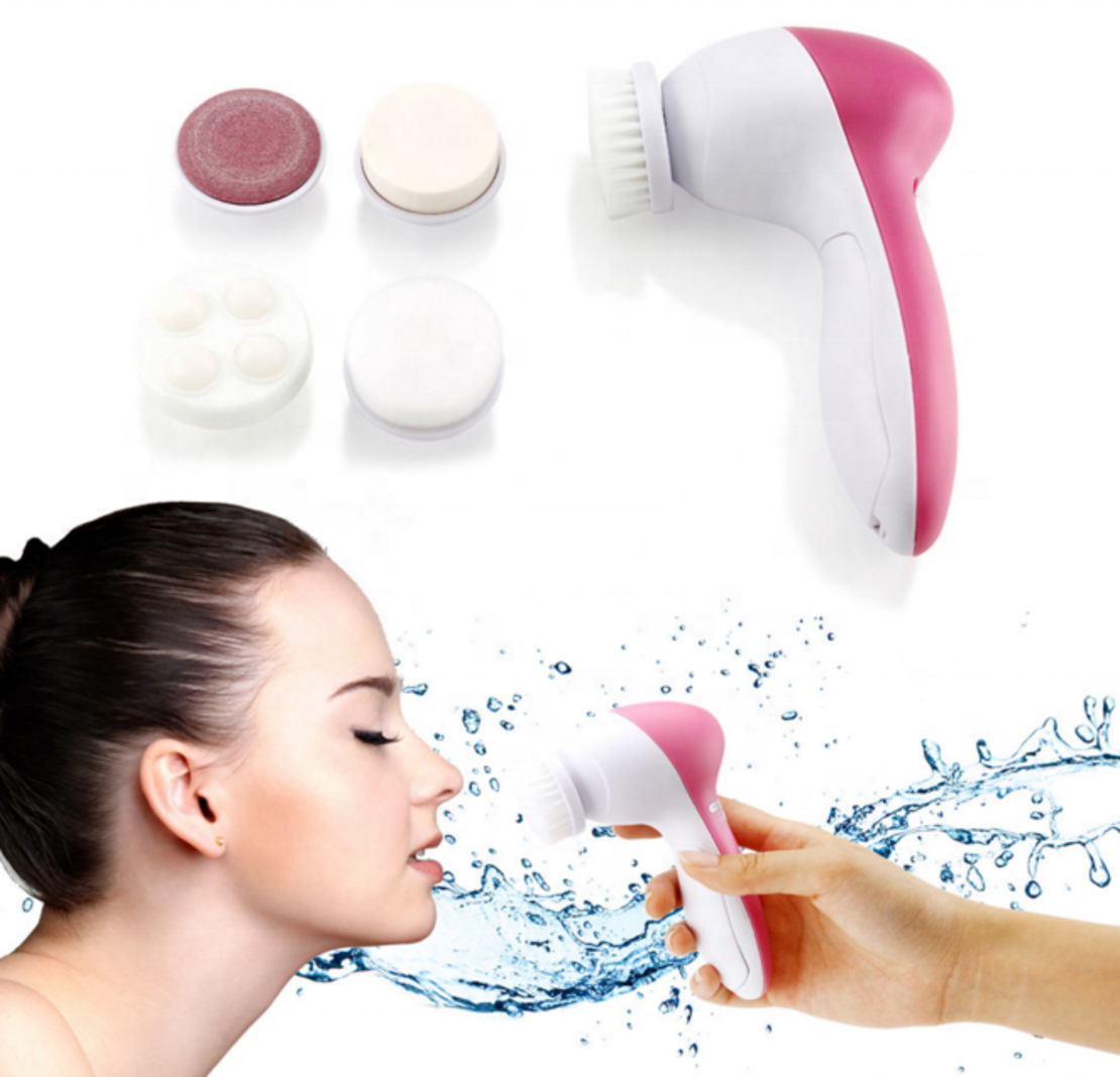 Perie Rotativa pentru curatare faciala si masaj 5 in 1, Neo™ Premium, cu 2 viteze, functie de reglare a vitezei, 5 capete perii interschimbabile,13x7cm, alb/roz