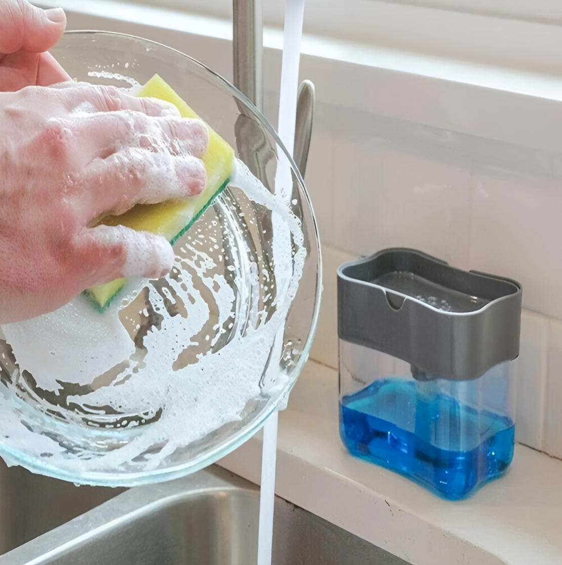 Dispenser 2 in 1, Suport pentru Burete si Dozator Detergent de Vase, 380 ml, 14x11x9 cm, Gri/Transparent, Neo™